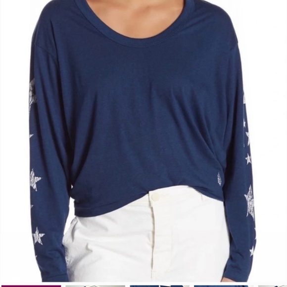 Free People Movement Navy Star Print Long Sleeve Crop Top Size S - Picture 8 of 9